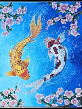 Koi Fish Wall Art Original Canvas Painting - Blue, Yellow and White